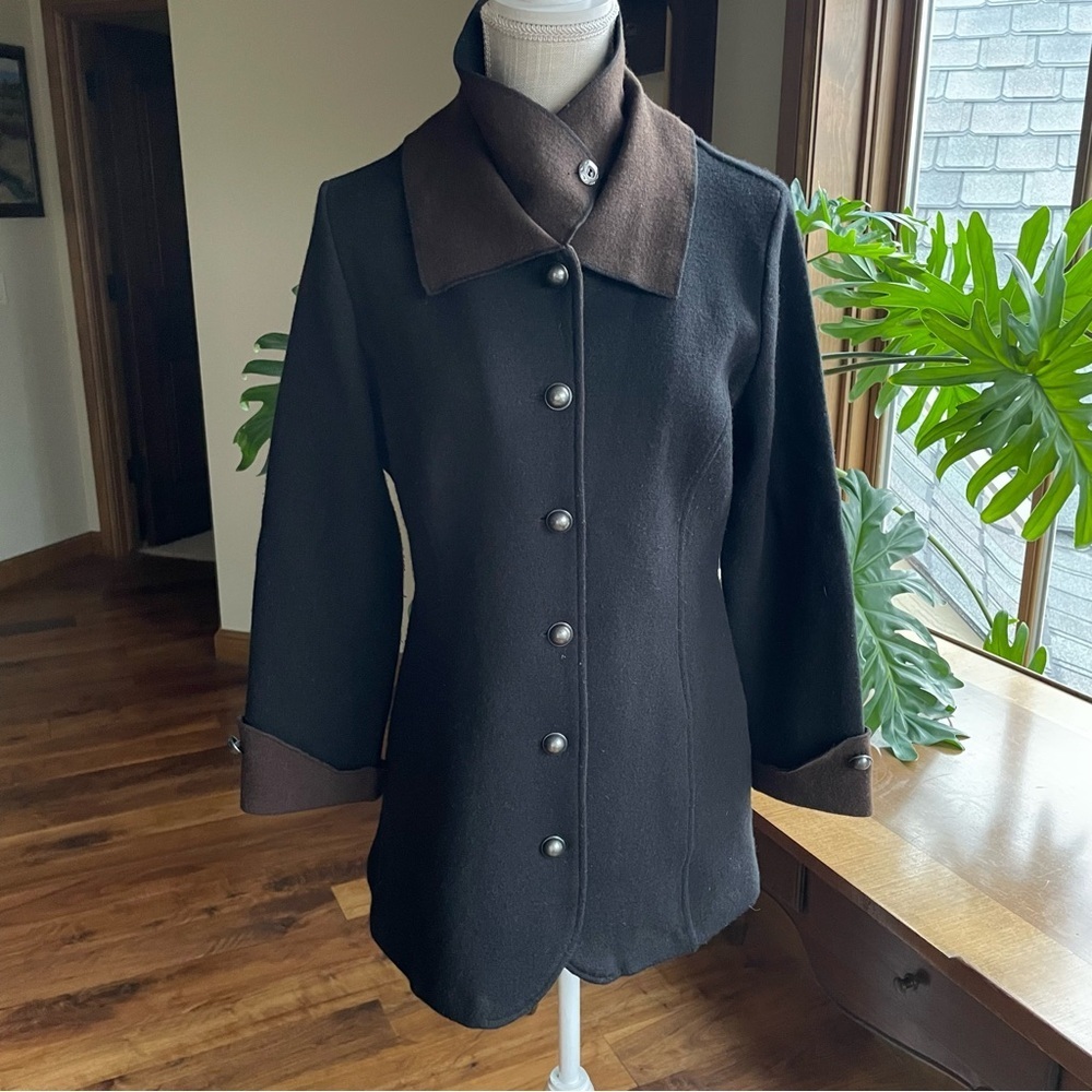 Icelandic Design Black & Brown Wool Coat with Metal Buttons Stand Collar Detail - Picture 2 of 15